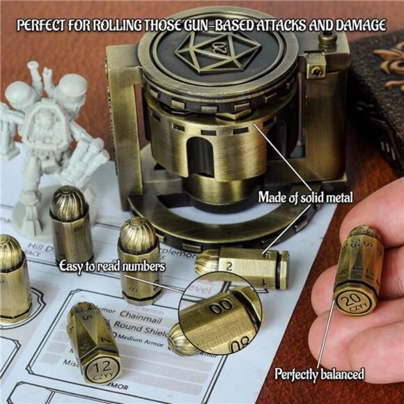 Metal Polyhedral Bullet Dice Set of 7 with Spinning Revolver Cylinder Container - Picture 3 of 6